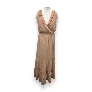 Express Womens Ruffle Maxi Dress M Tan Sleeveless V-Neck Polka Dots